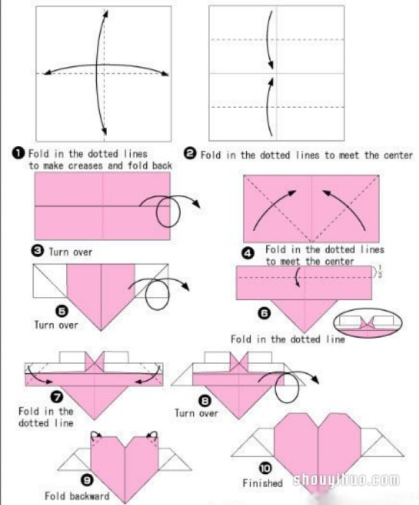 Illustrated tutorial on how to fold handmade origami angel hearts