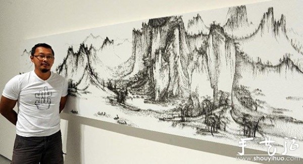 Traditional Chinese landscape painting painted with mosquito nails