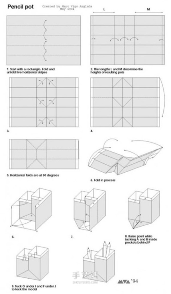 The origami method of a double-hole pen holder and the steps of making a paper and pen holder