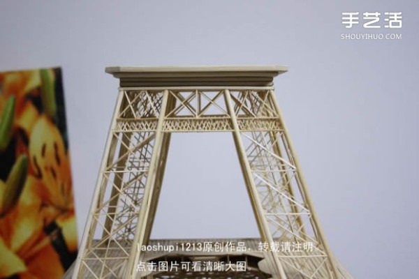 A detailed illustrated tutorial on making a model of the Eiffel Tower using chopsticks and bamboo skewers