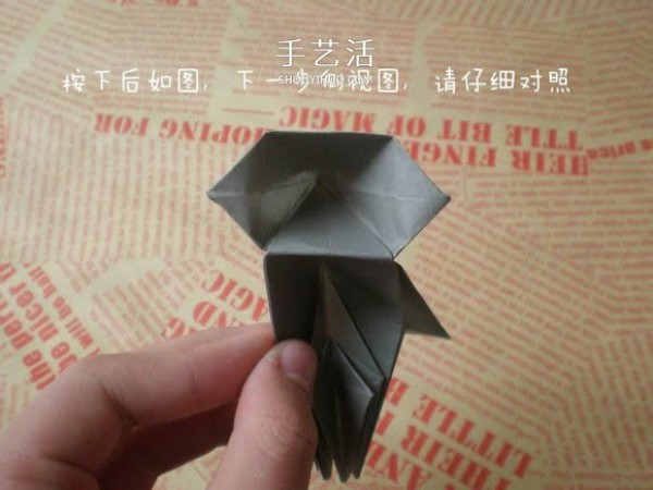 Illustrations of how to fold a cute puppy. Step-by-step pictures of origami puppies.