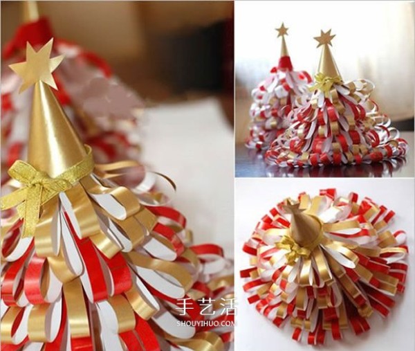 Illustrations on how to make a simple and beautiful paper Christmas tree