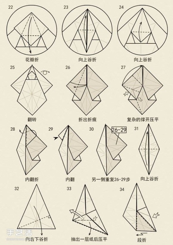 The folding method of a standing rabbit illustrates the steps of folding a rabbit by hand