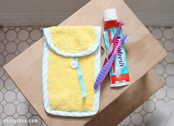 Old towels are repurposed and handmade to make toiletry storage bags