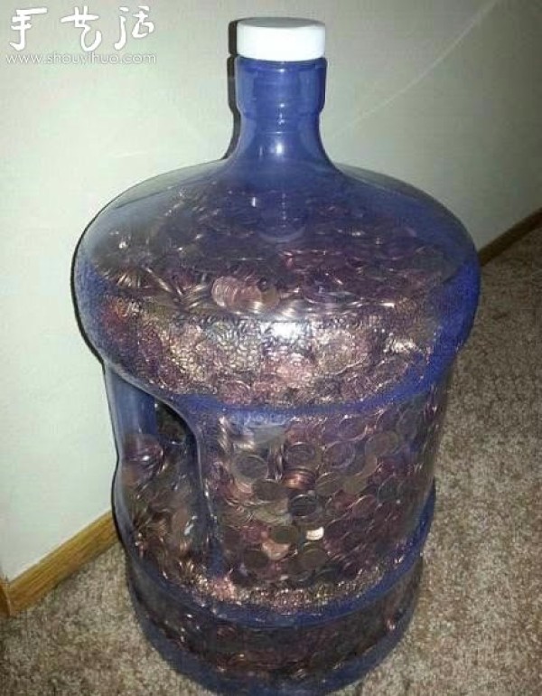 Mineral water bucket used as piggy bank