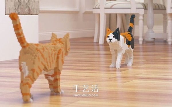 Pictures of DIY three-dimensional cat models using mini Lego blocks