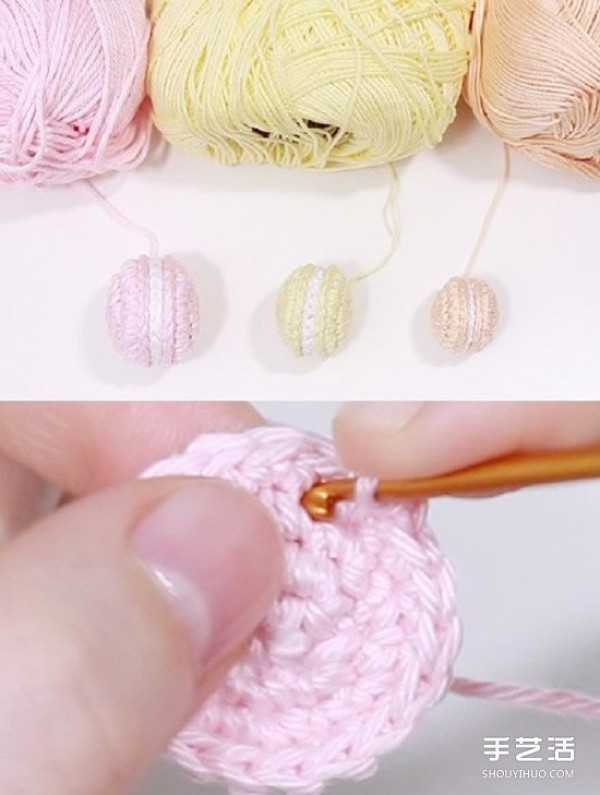 Illustration of the weaving method of crocheted macarons, tutorial of crocheting macarons