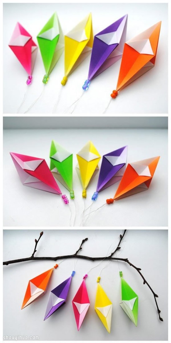 Illustrated tutorial on how to fold origami rhombus crystal pendant rhombus wind chime