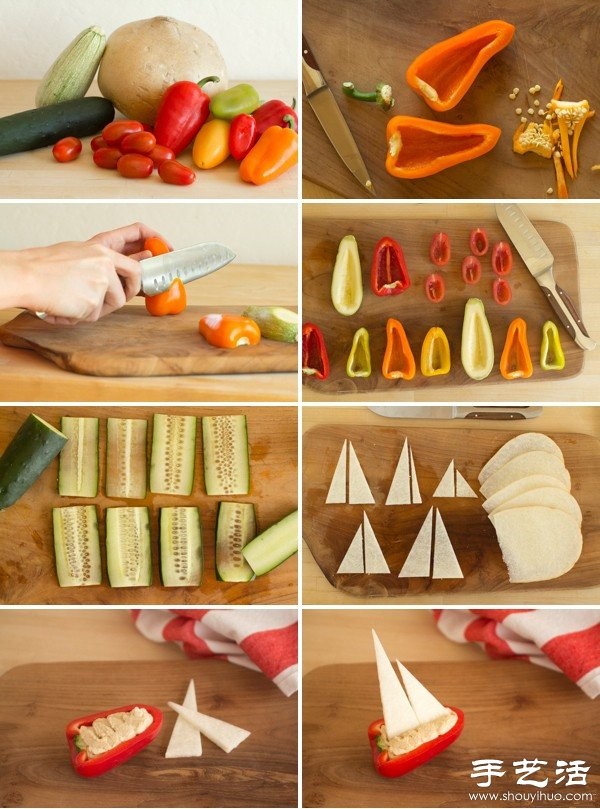 Vegetable DIY handmade boat sailing to the sea