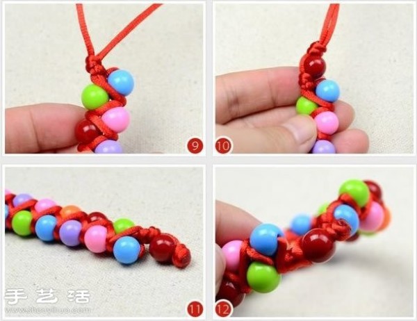 Illustrated tutorial on how to knit a colorful double-row beaded red rope bracelet