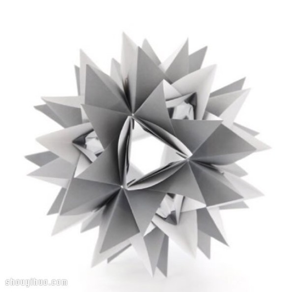 An illustrated tutorial on how to fold a three-dimensional origami flower ball that looks like a hedgehog