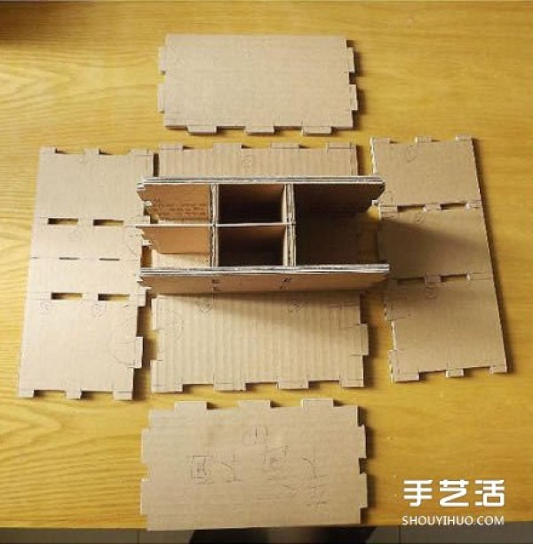 Illustration of the process of using carton waste to make useful cabinets by hand