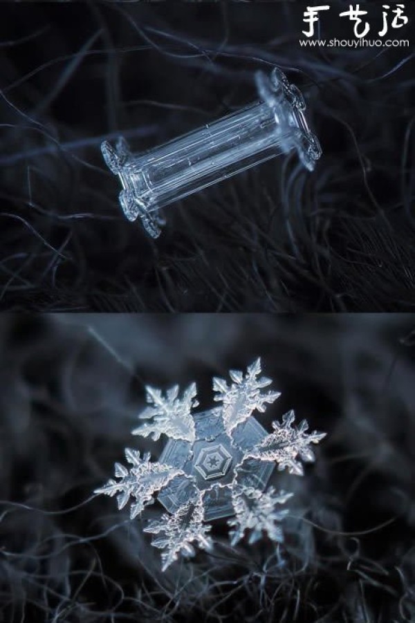 Crystal snowflakes captured with the lens reversed to macro