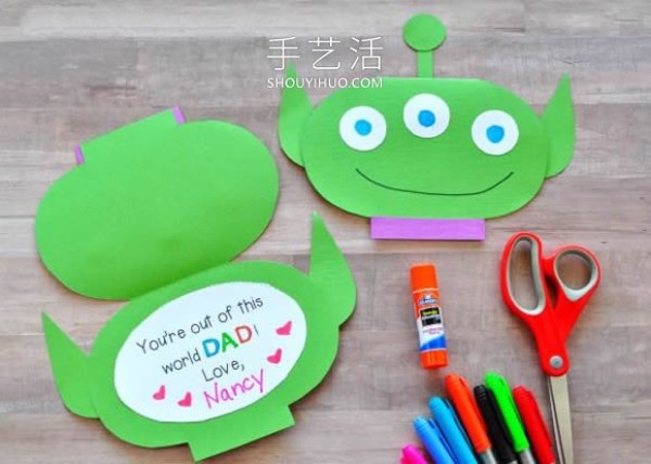 Illustrated tutorial on how to make your own creative alien cards for Fathers Day