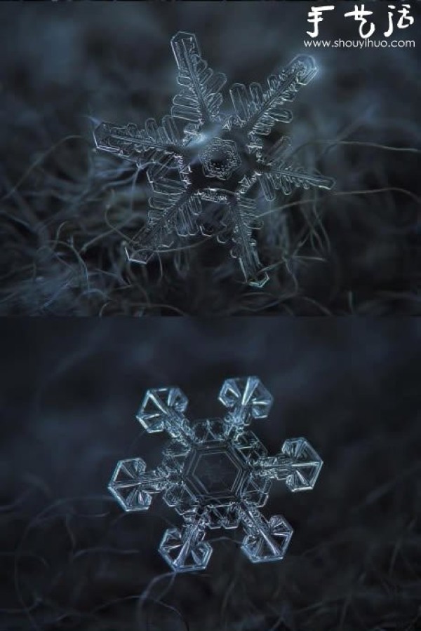 Crystal snowflakes captured with the lens reversed to macro