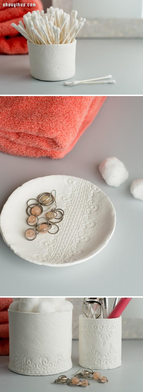 DIY illustrated tutorial on making your own pure white lace storage tube using paper clay