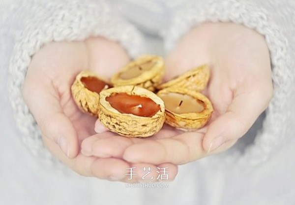 A walnut shell waste is used to make a romantic Valentines Day candle lamp