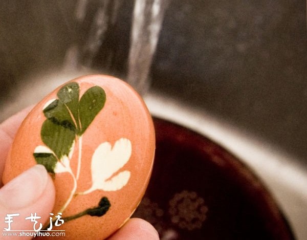 Creative handmade production of boiled eggs: printing and dyeing with white flowers and grass