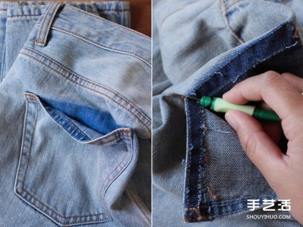 DIY creative pockets on old jeans with the most popular drop pockets