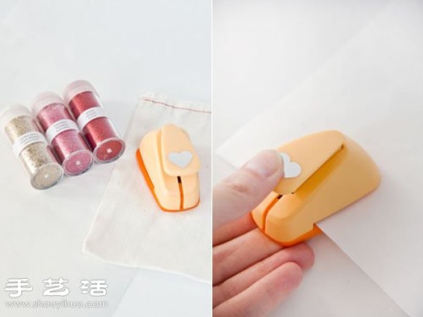 Renovation of old items: Creative DIY shiny heart-shaped patterns for storage bags