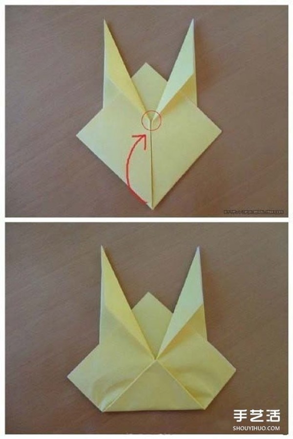 Simple Pikachu origami tutorial and illustrations of folding Pikachu