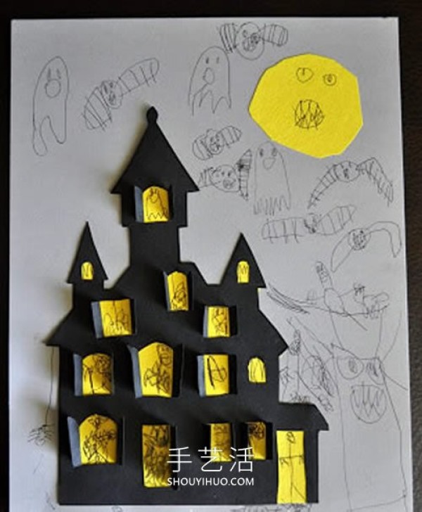 Illustrated tutorial on how to make homemade Halloween three-dimensional haunted house cards