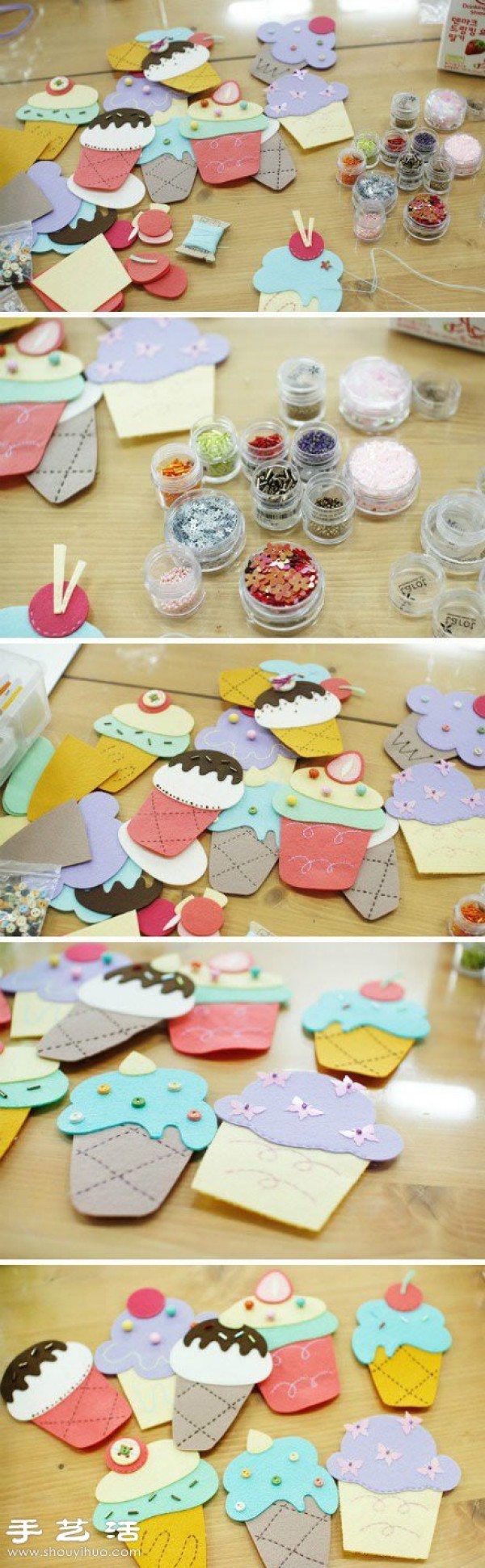 A fabric art tutorial for making small ice cream decorations from non-woven fabrics