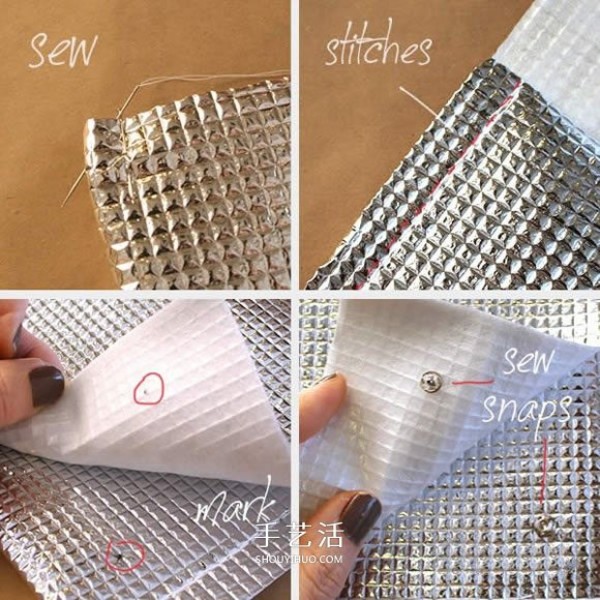 Illustration of how to make a beautiful hand-made clutch bag with aluminum foil moisture-proof pad