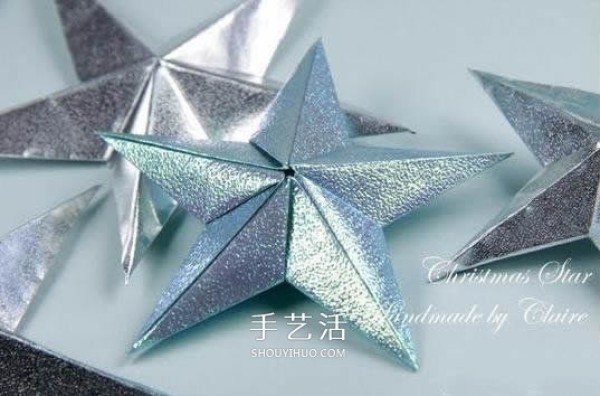 Illustration of folding a shining five-pointed star and combining three-dimensional star origami