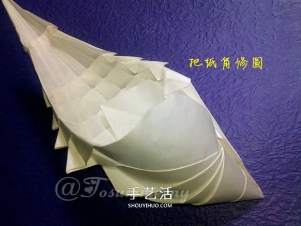 Illustration of the folding method of the three-dimensional conch in detail and the steps of the origami conch