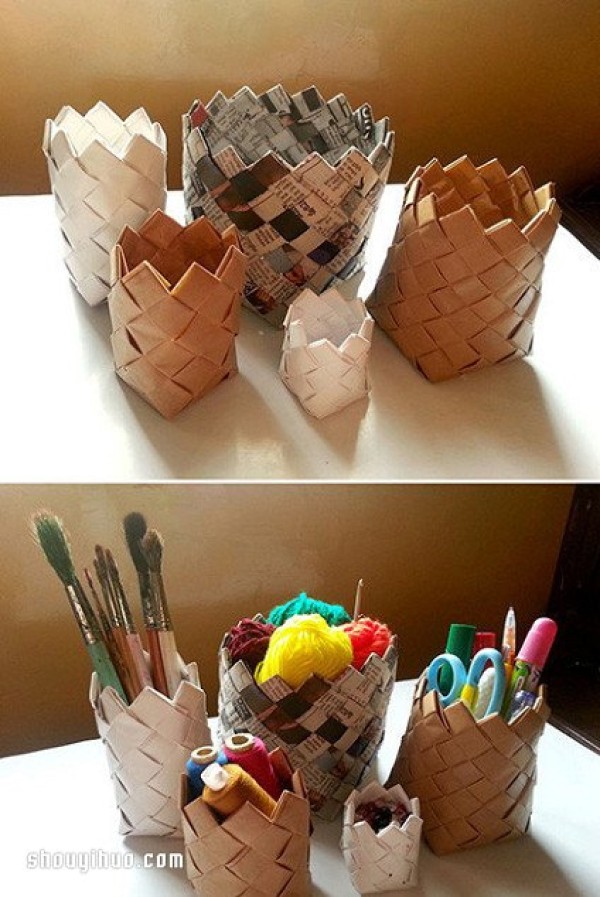 Detailed step-by-step picture of how to make a storage tube/pen holder from paper strips