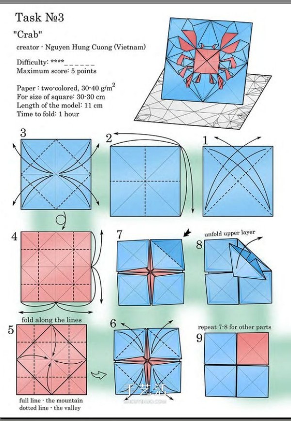 How to fold a flat crab with a diagram that looks like a small crab origami