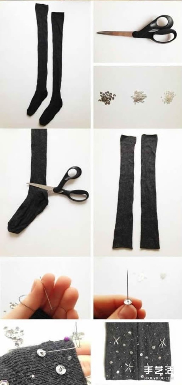 Illustrated tutorial on the simple hand-made transformation of long cotton socks into DIY gloves