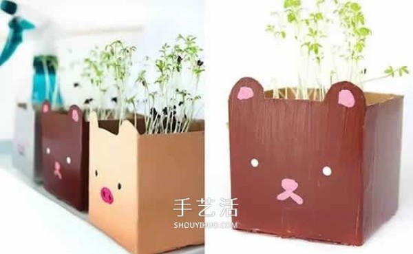 Illustration of how to use milk carton waste to make simple flower pots by hand