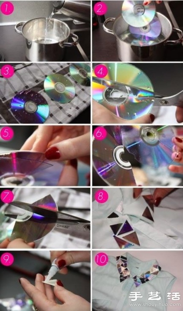 Handmade shiny collars using discarded CDs