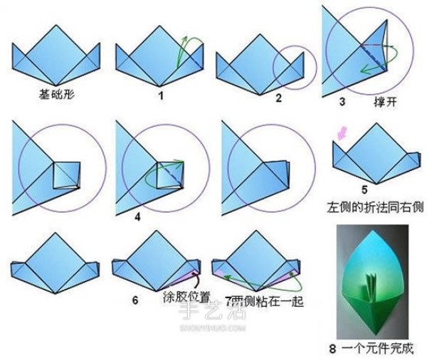 Illustration of how to make hand-made origami four-petal flower bouquet and simple paper bouquet