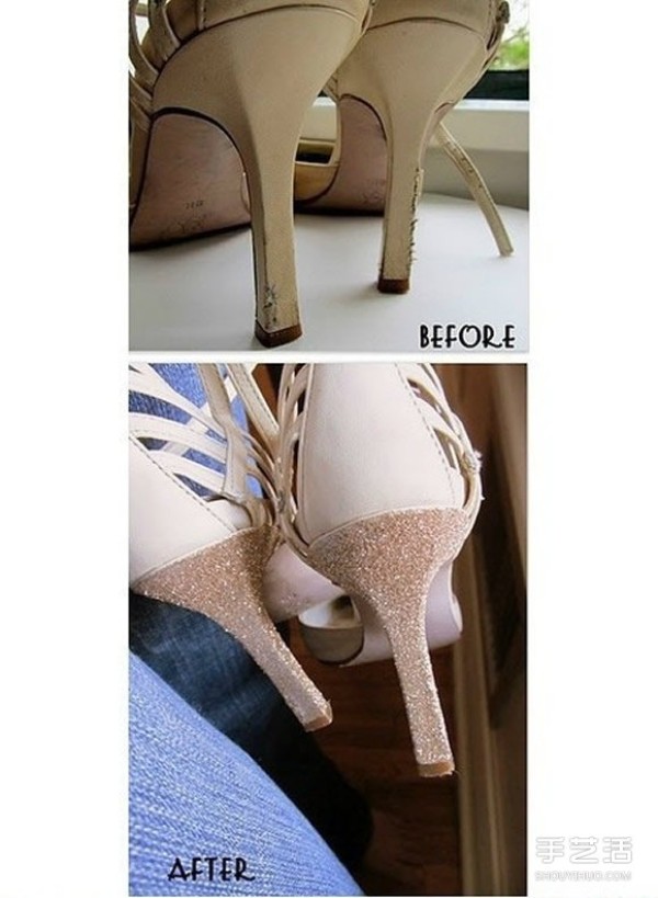 DIY handmade transformation of high-heeled shoes and heels to restore them to their former glory