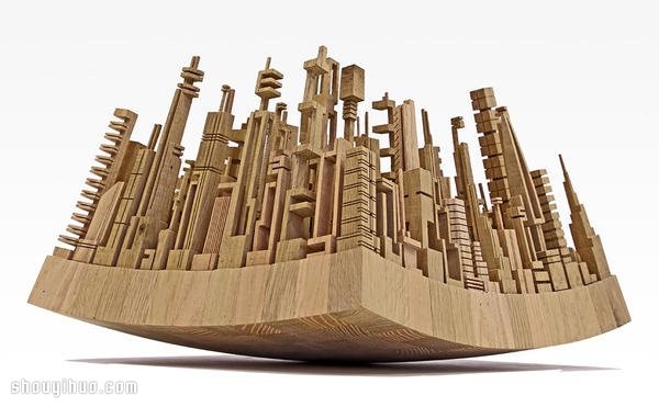 Amazing three-dimensional wood carving city skyline