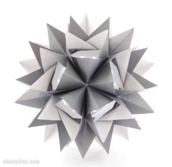 An illustrated tutorial on how to fold a three-dimensional origami flower ball that looks like a hedgehog