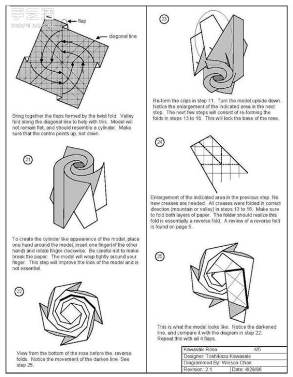 Tutorial on how to fold roses on curled up, illustrated tutorial on origami with roses in buds ready to bloom