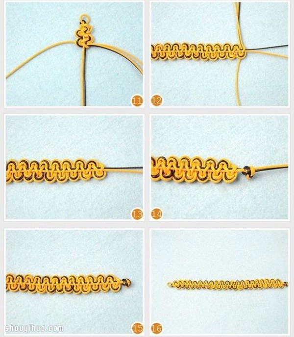 Detailed illustrated steps of weaving a wavy bracelet with two wax ropes