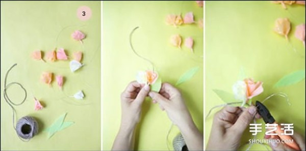 Illustrations on how to fold crepe paper flowers to make beautiful home hangings