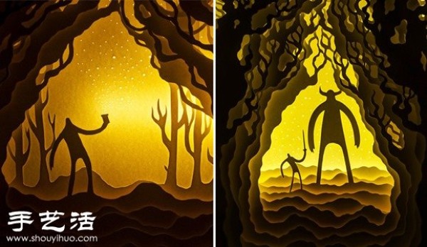 DIY fairy tale color paper sculpture scene with paper cutting and light