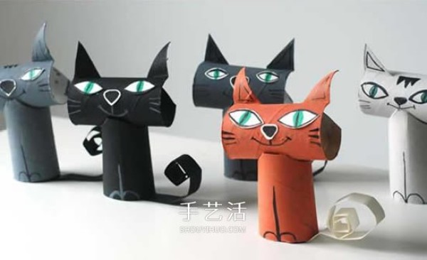 Kindergarten toilet paper tube waste is used to make a three-dimensional kitten by hand