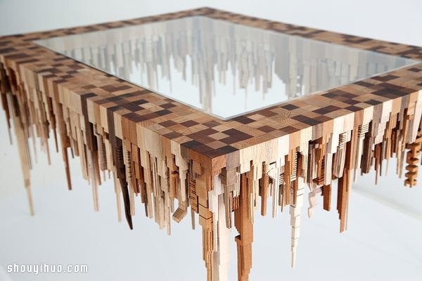 Amazing three-dimensional wood carving city skyline