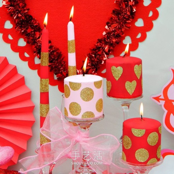 Illustrated tutorial on how to decorate homemade Valentines Day candles