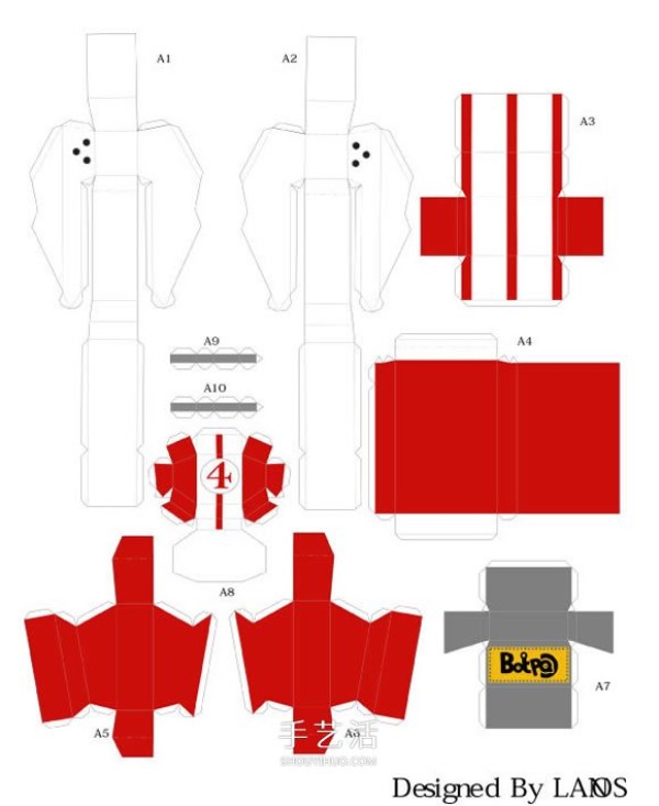 Expanded view of the R4 sports car paper model using drawings and cardboard to make a sports car model