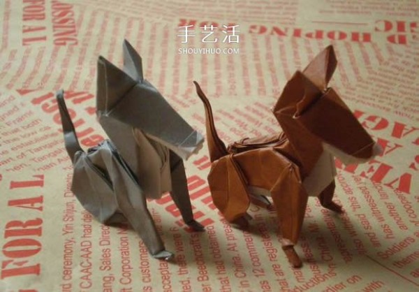 Illustrations of how to fold a cute puppy. Step-by-step pictures of origami puppies.