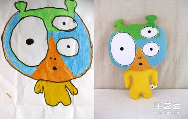 Childrens graffiti transformed into a rag doll that is a creative fabric toy that will be treasured forever