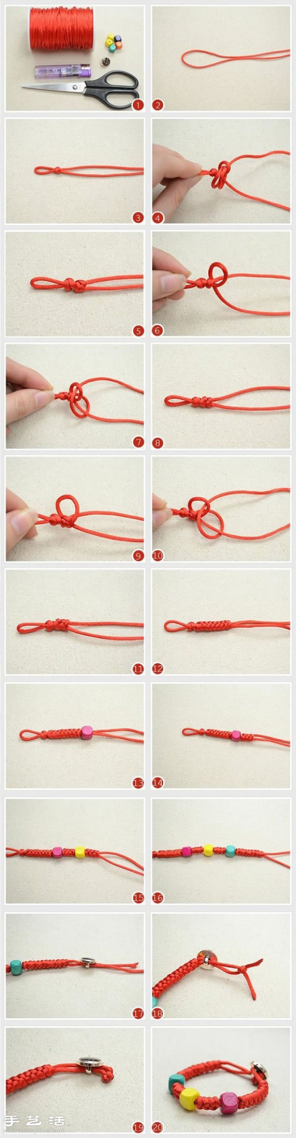 How to braid a beaded red rope diamond knot bracelet/bracelet